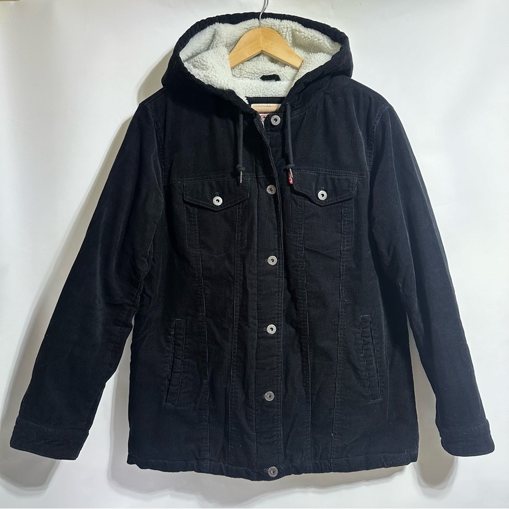 Levi's black Women's The Mia Corduroy Hooded Sherpa Trucker zip button Jacket - Picture 1 of 9